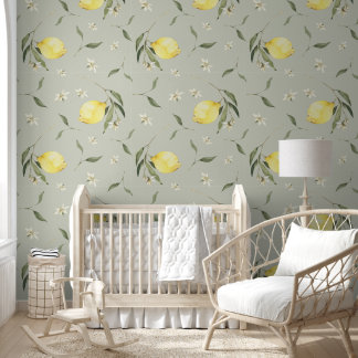 Sage Green Lemon Fruit Pattern Wallpaper