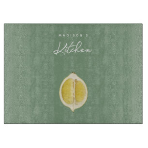 Sage Green & Lemon Script Cooking Custom Name  Cutting Board