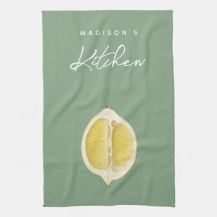 Sage Green & Lemon Script Cooking Custom Name Tea Towel