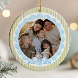 Sage Green & Light Blue Christmas Photo Ceramic Ornament