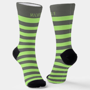 Sage Green Light Grey Striped Custom Name  Socks