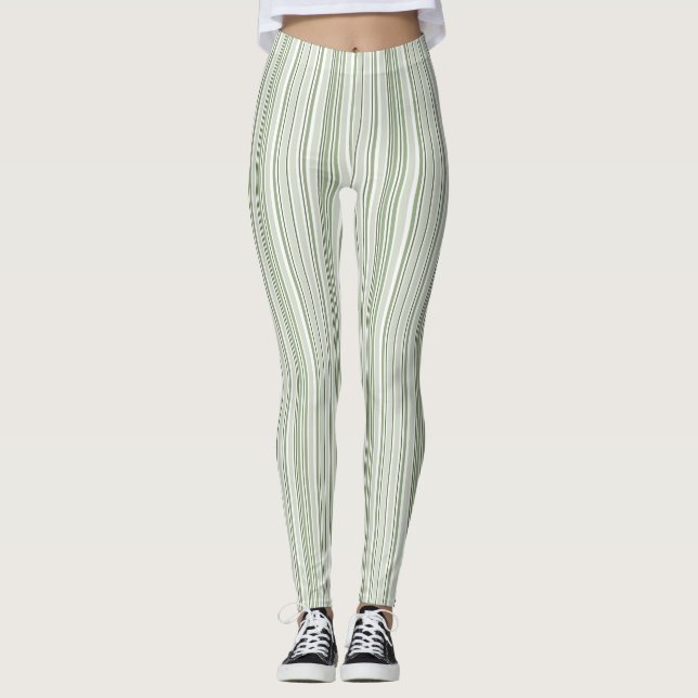 Sage Green (Light, Medium, Dark) and White Striped Leggings (Front)