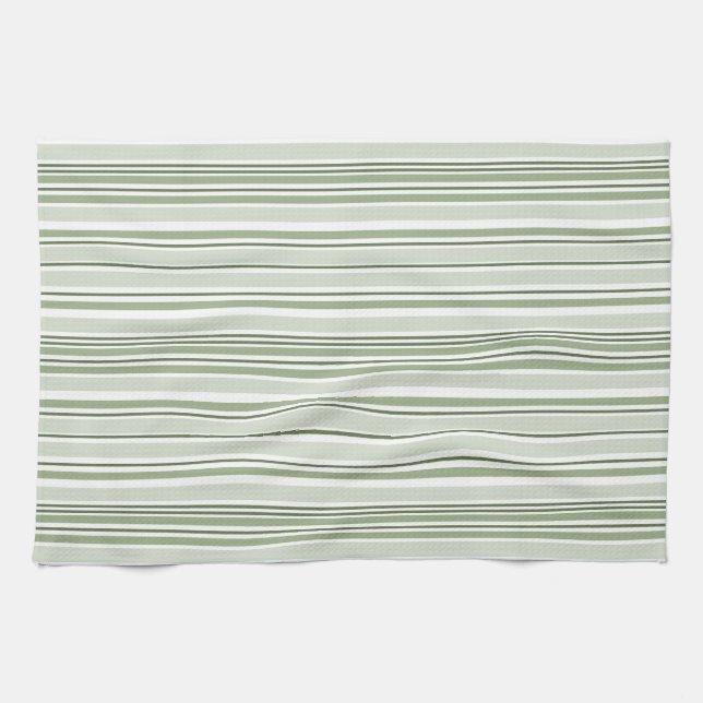Sage Green (Light, Medium, Dark) and White Stripes Tea Towel (Horizontal)