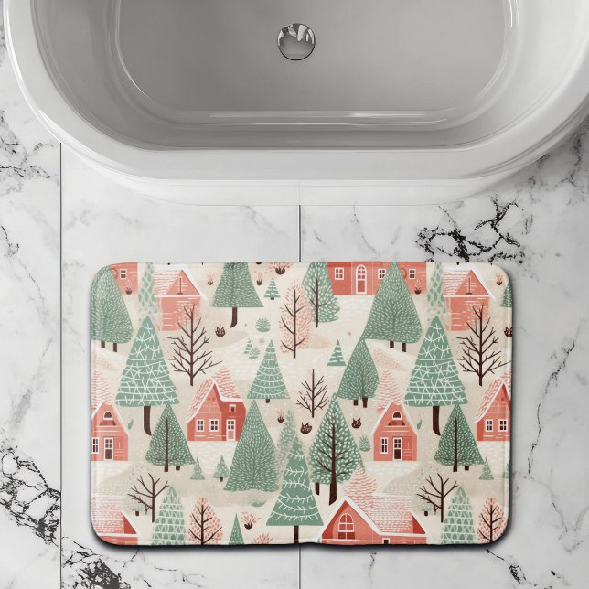 Sage Green Light Pink Pine Cones Roofs and Trees Bath Mat (Creator Uploaded)