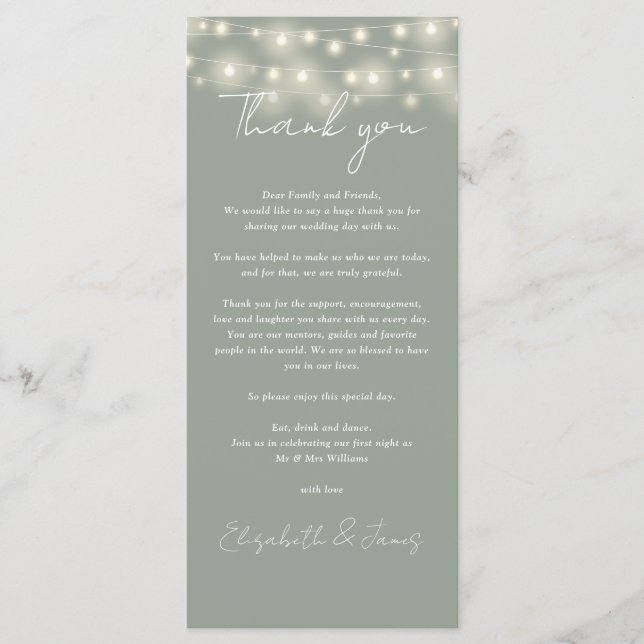 Sage Green Lights Wedding Thank You Place Card (Front)