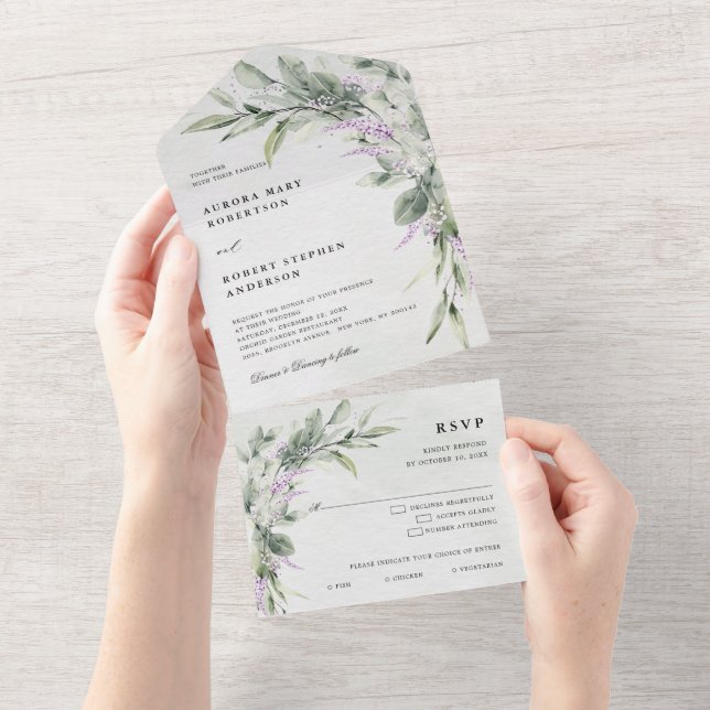 Sage Green Lilac  Eucalyptus Botanical  Wedding All In One Invitation (Tearaway)