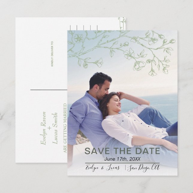 Sage green line art blossoms photo Save the Date Postcard (Front/Back)