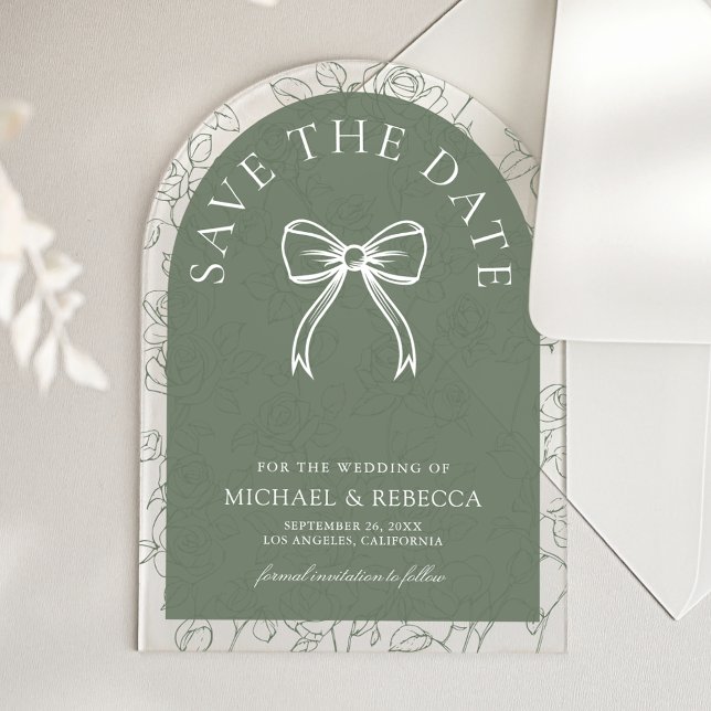 Sage Green Line Art Bow Wedding Save the Date Acrylic Invitations (Creator Uploaded)