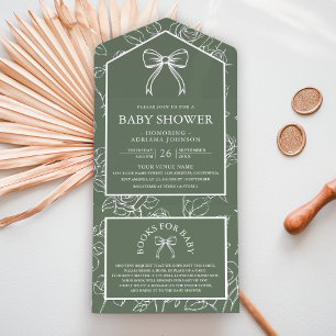 Sage Green Line Art Coquette Bow Baby Shower All In One Invitation