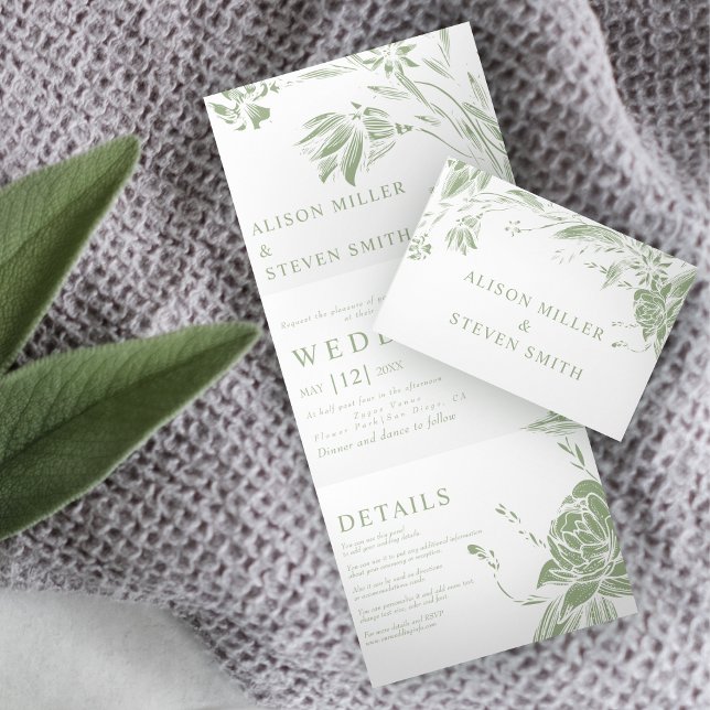 Sage green line art flowers photo wedding Tri-Fold invitation (Creator Uploaded)