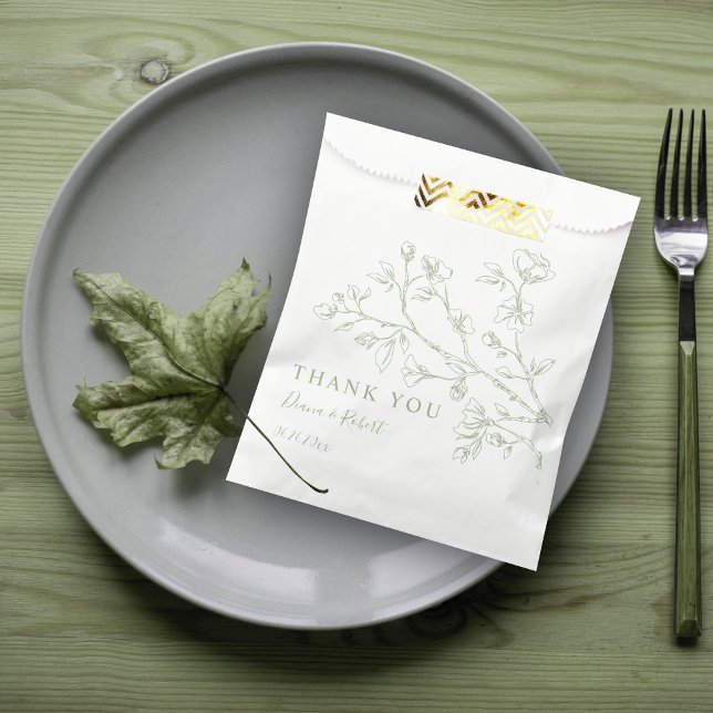 Sage green line art flowers Thank You wedding  Favour Bag (Creator Uploaded)