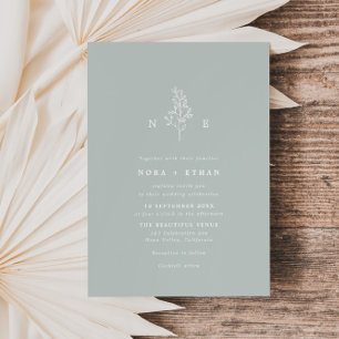 Sage Green Line Art Leaf Monogram Wedding Invitation