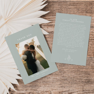 Sage Green Line Art Leaf Monogram Wedding Thank You Card