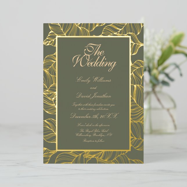 Sage Green Line Art Leaves Pattern Elegant Gold (Standing Front)