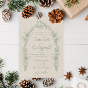 Sage Green Line Art Woodland floral Wedding  Invitation
