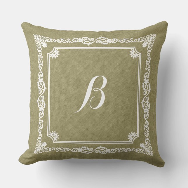 Sage-Green Linen And White Frame Cushion (Front)