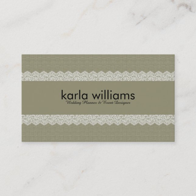 Sage Green Linen Texture & White Lace Business Card (Front)