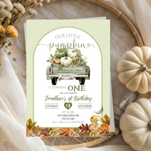 Sage Green Little Pumpkin Leaves Boy Birthday Invitation