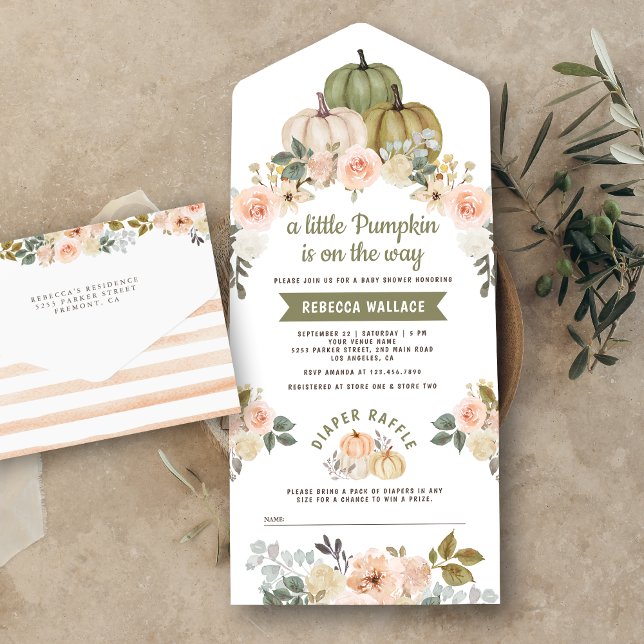 Sage Green Little Pumpkin Peach Floral Baby Shower All In One Invitation (Creator Uploaded)