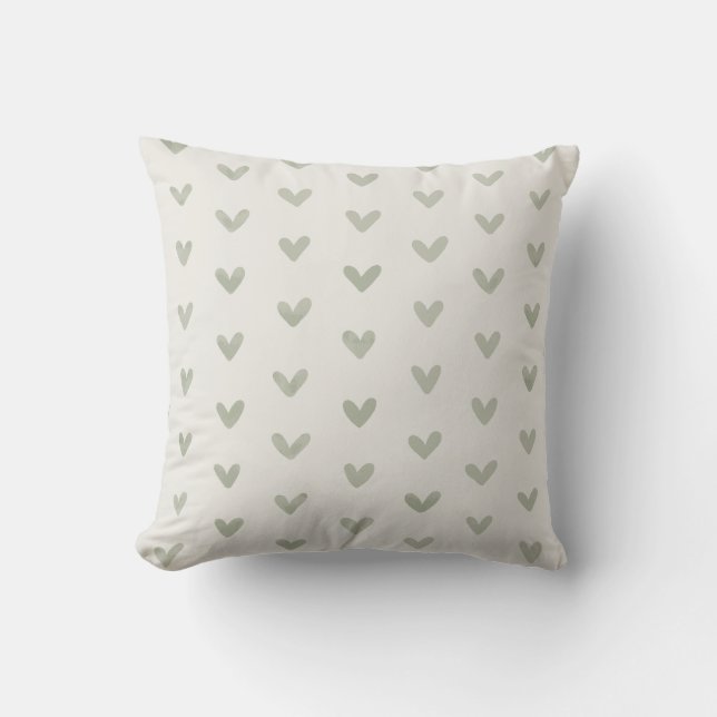 Sage Green Love Hearts Pattern OffWhite Cushion (Front)
