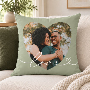 Sage Green Love Script Heart Photo Cushion