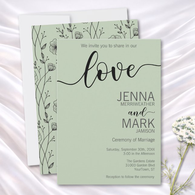 Sage Green Love Script Wildflower Wedding  Invitation (Creator Uploaded)