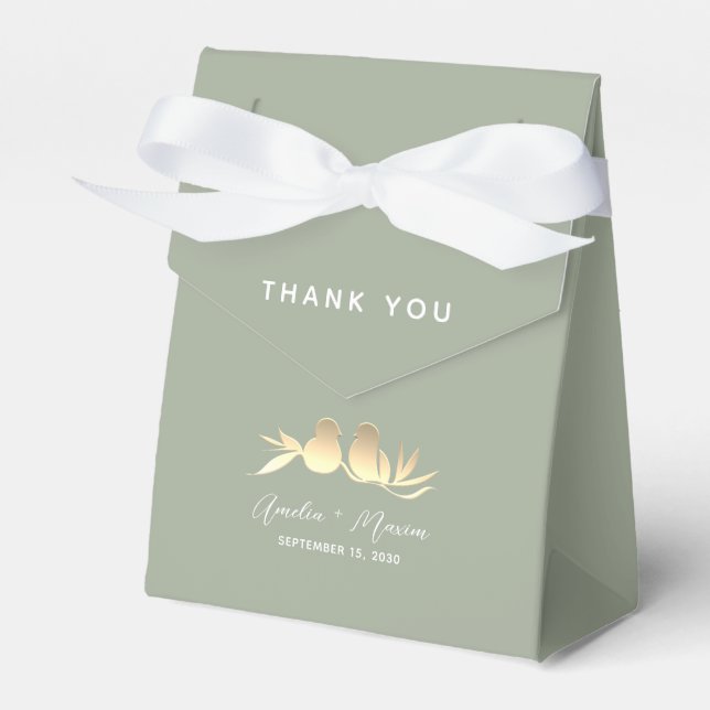 Sage Green Lovebirds Wedding Favour Box (Front Side)