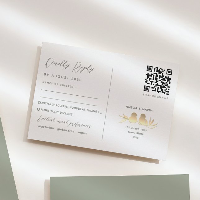 Sage Green Lovebirds Wedding QR RSVP Card (Creator Uploaded)