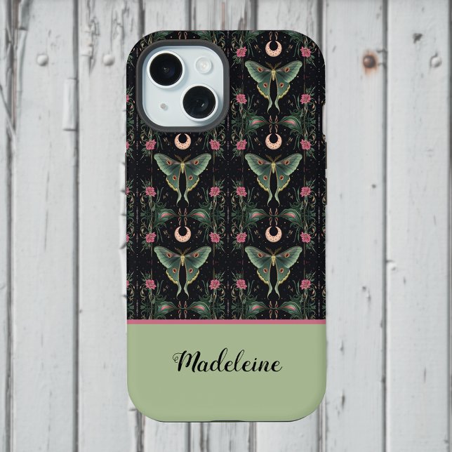 Sage Green Luna Moths Moon Pink Flowers Monogram iPhone 15 Case (Creator Uploaded)