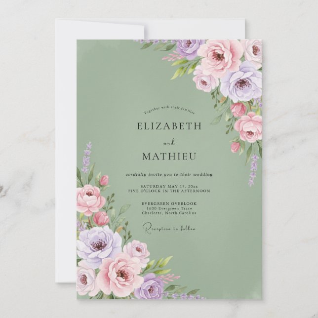 Sage Green Lush Floral Wedding Invitation (Front)