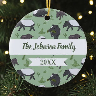 Sage Green Malayan Tapir Family Animal Ceramic Ornament