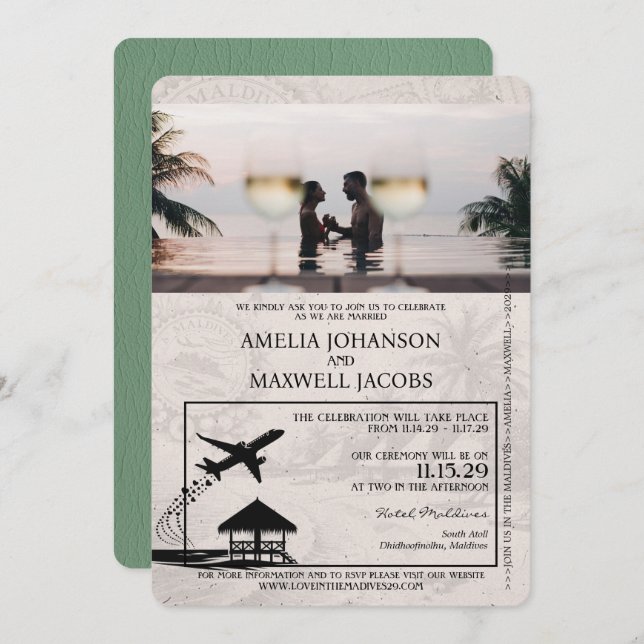Sage Green Maldives Passport Wedding Invitation (Front/Back)