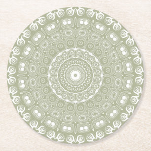 Sage Green Mandala Pattern Round Paper Coaster