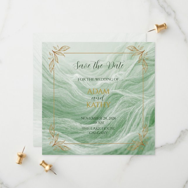 Sage Green Marble & Gold Save The Date Card (Front/Back In Situ)