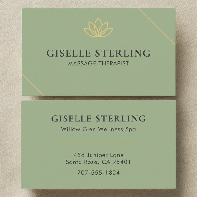Sage Green Massage Therapist Minimalist Lotus Business Card (Creator Uploaded)