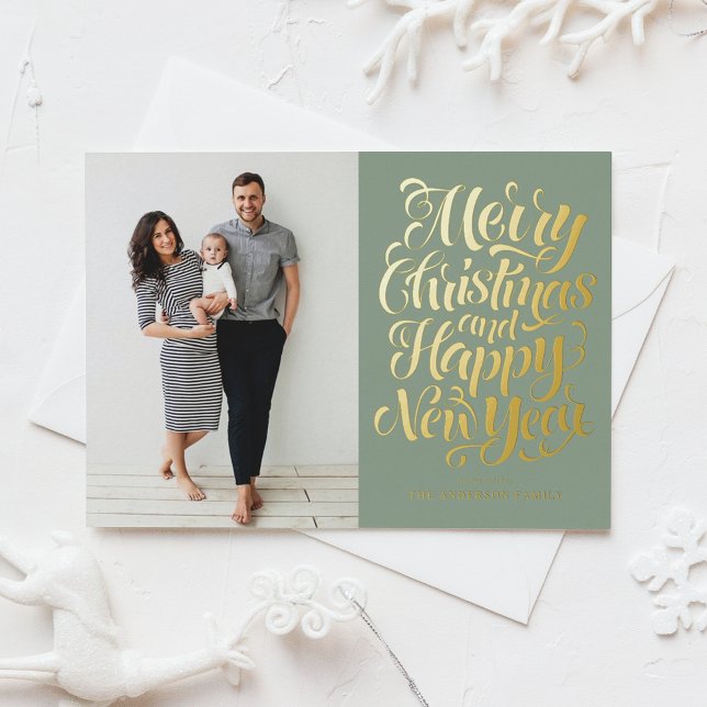 Sage Green Merry Christmas & Happy New Year Photo Foil Holiday Card (Creator Uploaded)