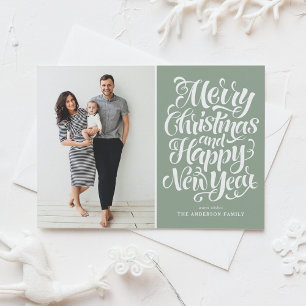 Sage Green Merry Christmas & Happy New Year Photo Holiday Card