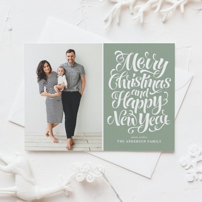 Sage Green Merry Christmas & Happy New Year Photo Holiday Card (Creator Uploaded)