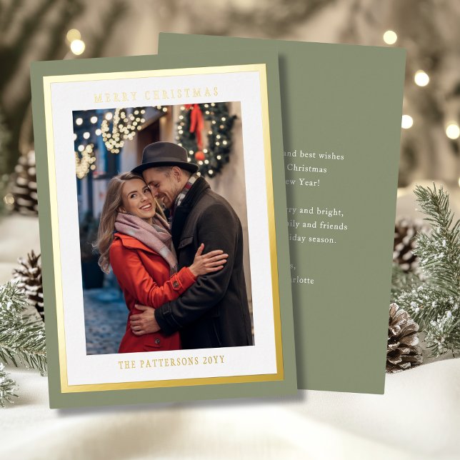 Sage Green Merry Christmas Simple Modern Photo Foil Holiday Card (Creator Uploaded)
