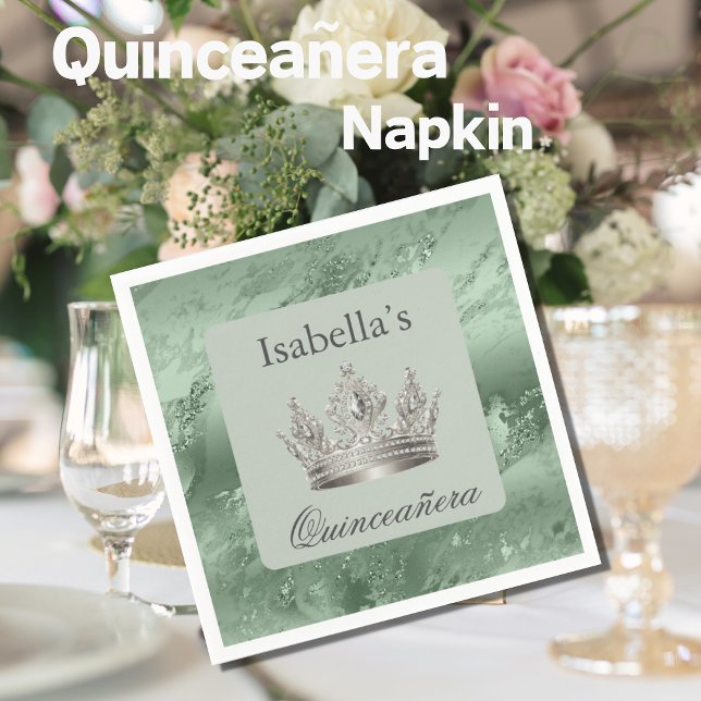 Sage Green Metallic Silver Tiara Crown Quinceañera Napkin (Creator Uploaded)
