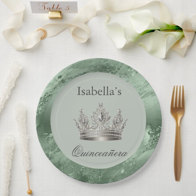 Sage Green Metallic Silver Tiara Crown Quinceañera Paper Plate (Wedding)