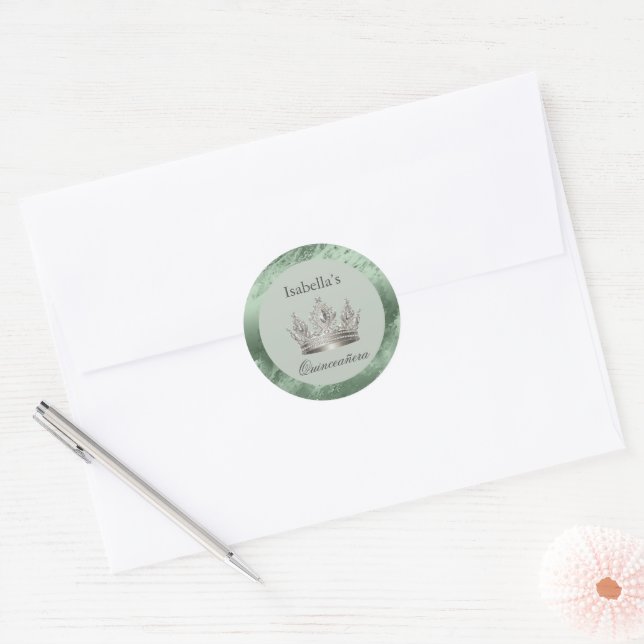Sage Green Metallic Tiara Quinceañera  Classic Round Sticker (Envelope)