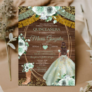 Sage Green Mexican Quinceañera Rustic Wood Invitation