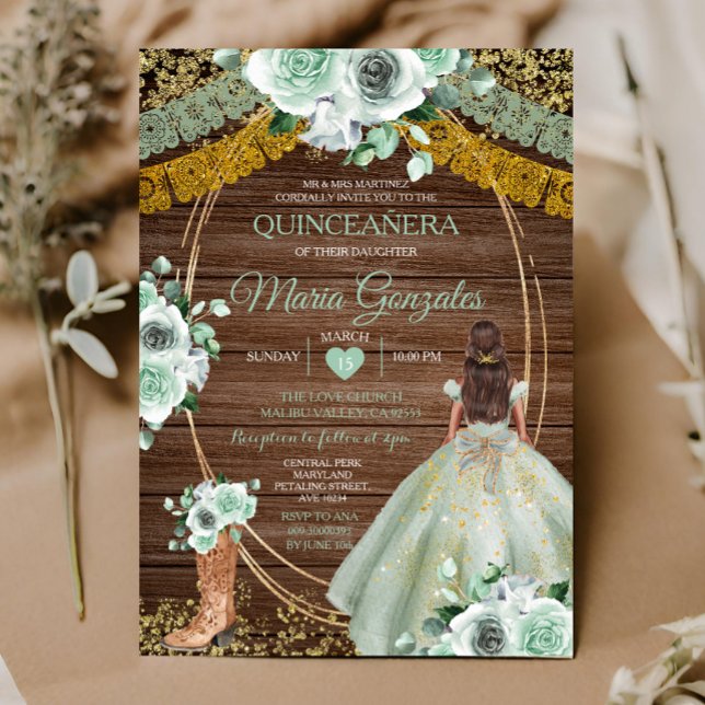 Sage Green Mexican Quinceañera Rustic Wood Invitation (Creator Uploaded)