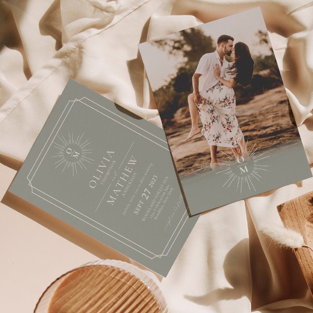 Sage Green Mid Century 70s Monogram Photo Wedding Invitation (Creator Uploaded)