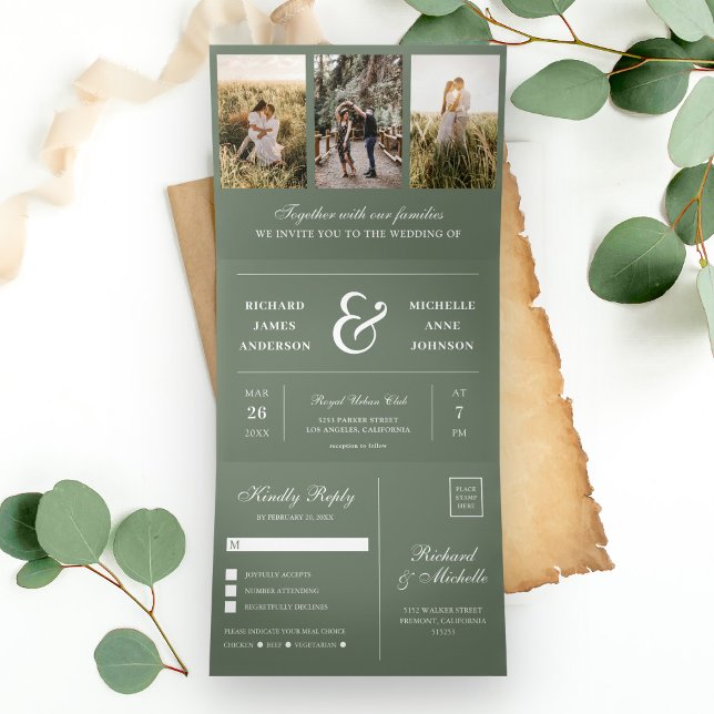 Sage Green Minimal 3 in 1 Photo Collage Wedding Tri-Fold Invitation (Creator Uploaded)