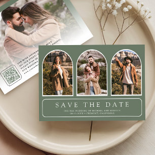 Sage Green Minimal Arch Photo QR Code Wedding Save The Date