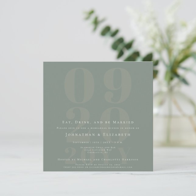 Sage Green Minimal Bold Type Rehearsal Dinner Invitation (Standing Front)