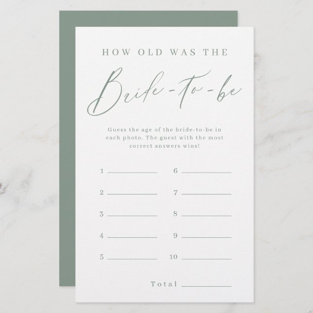 Sage green minimal how old was the bride game (Front/Back)