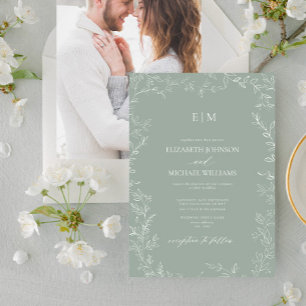 Sage Green Minimal Leaf Photo Monogram Wedding Invitation